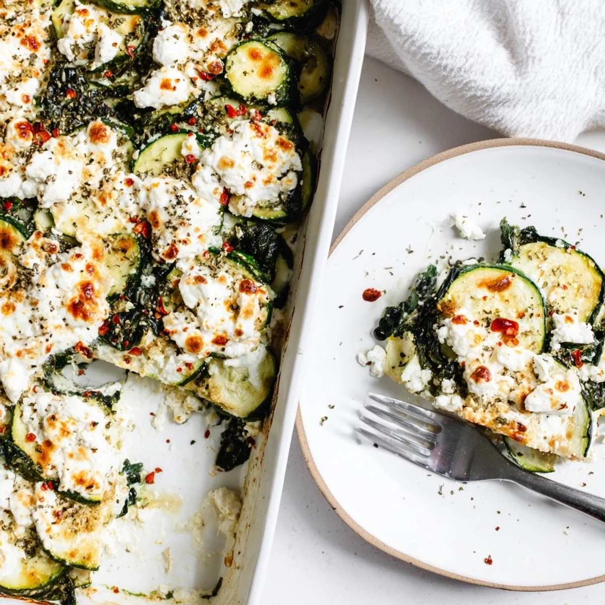 Wholesome vegetarian casserole featuring zucchini spinach and feta baked to perfection in a square dish