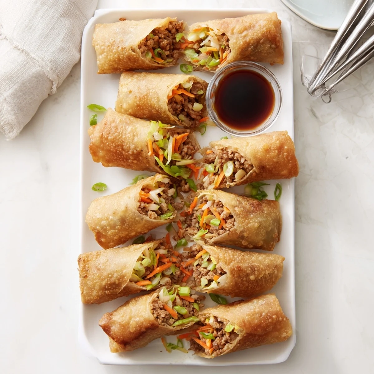 Homemade crispy rice paper spring rolls plated with tangy garlic chili dipping sauce
