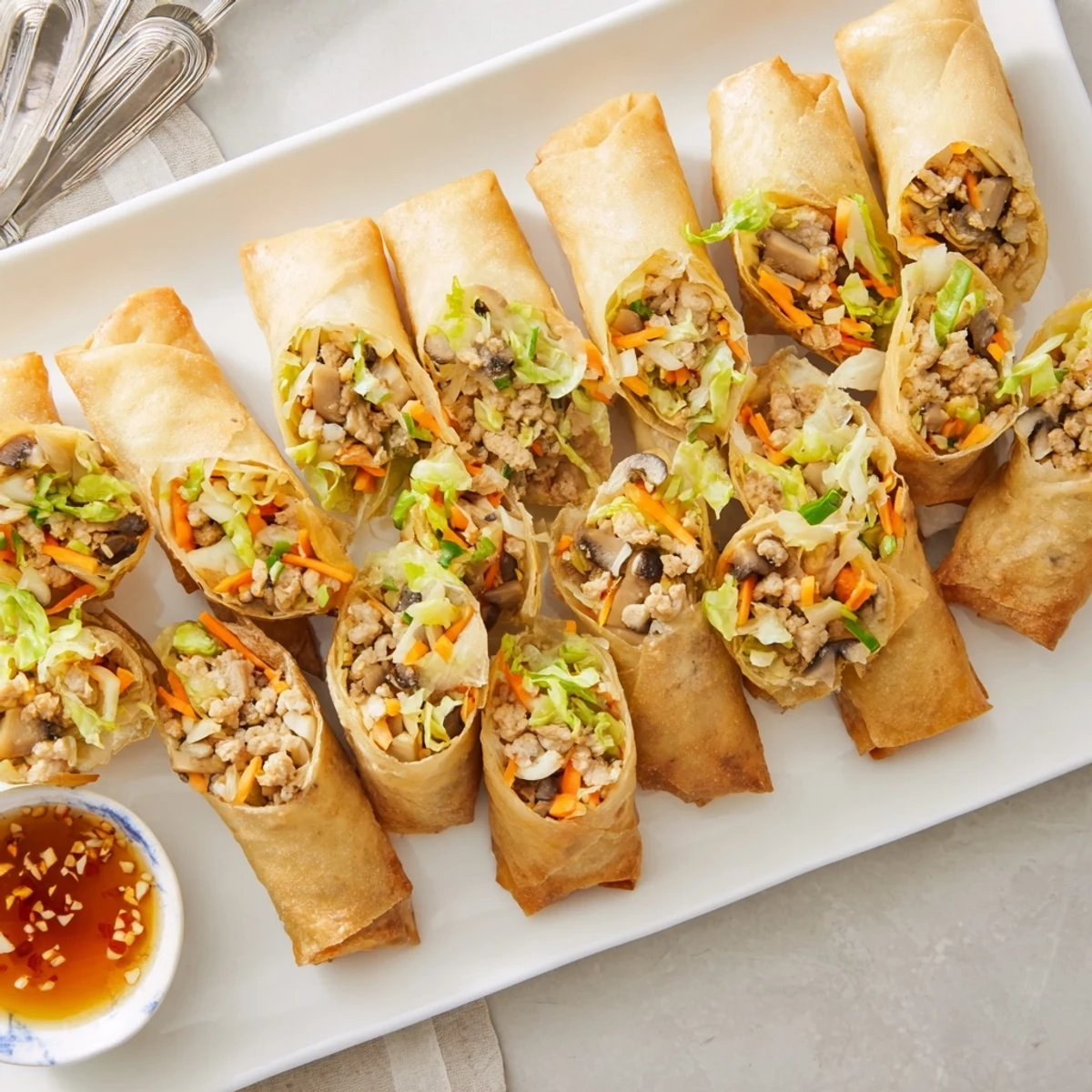 Baked rice paper spring rolls featuring julienned vegetables and savory protein filling