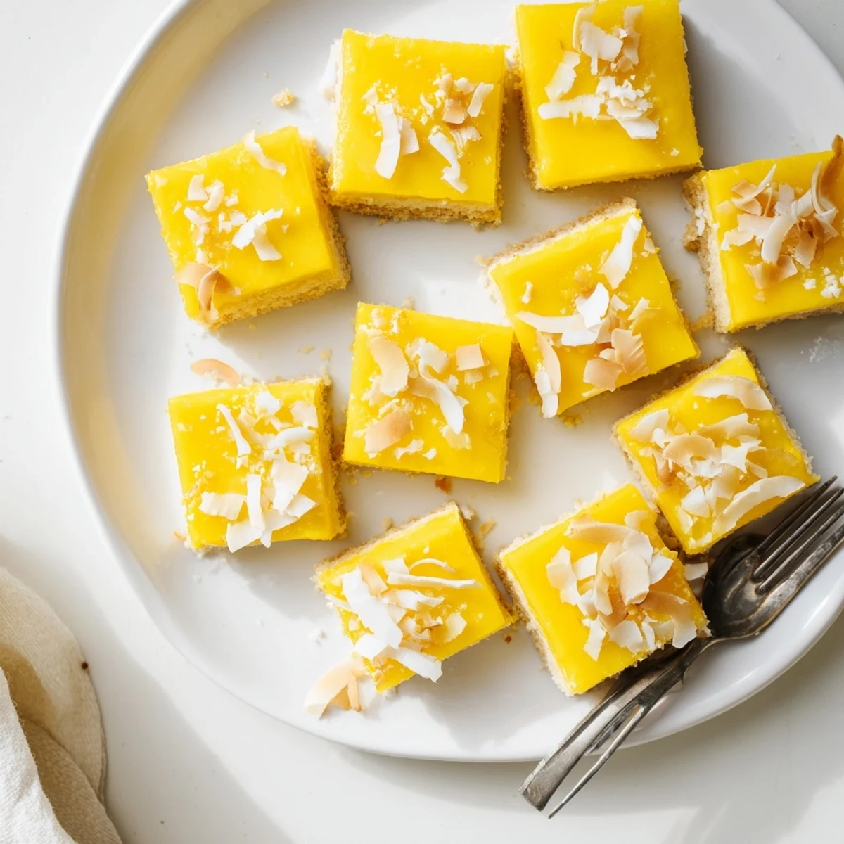 Chewy mango coconut bars with creamy coconut milk filling and flaky coconut garnish