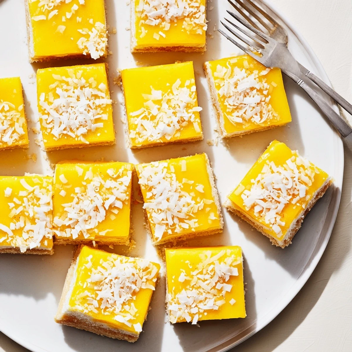 Tropical mango coconut bars sliced into squares with vibrant yellow filling