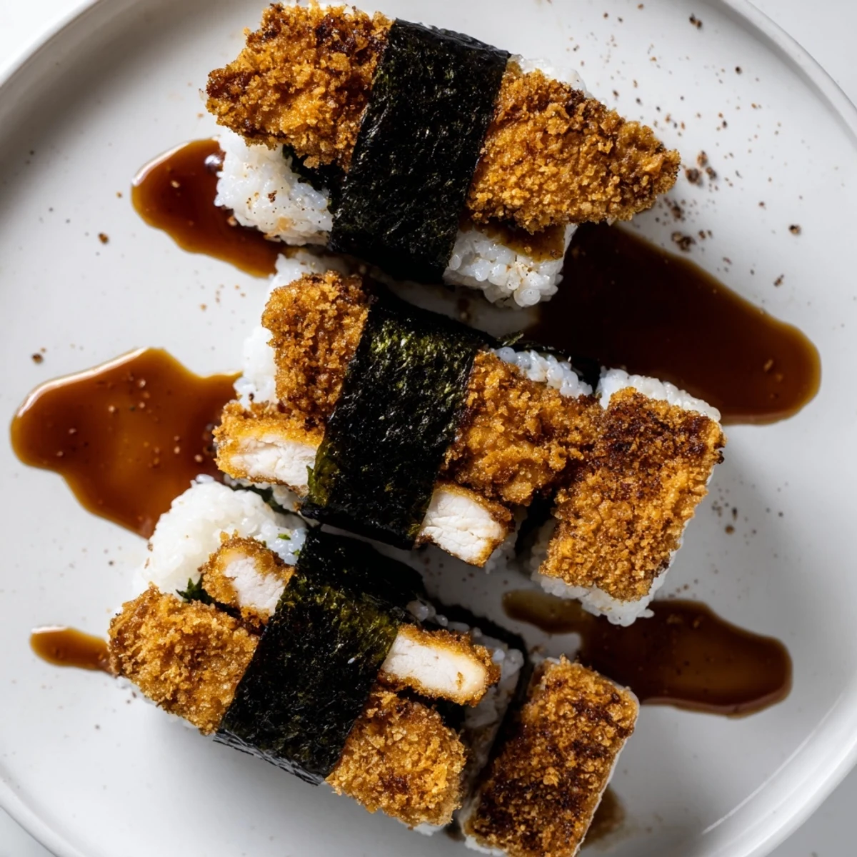 Handheld chicken katsu musubi featuring panko-crusted fried chicken layered between fluffy rice