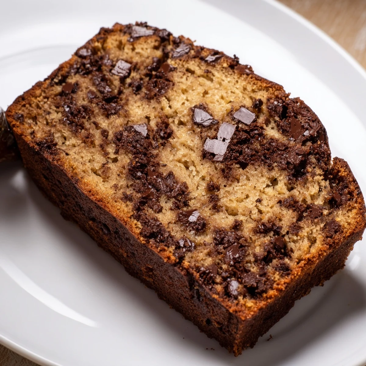 Golden brown chocolate chip banana bread loaf with melty chips peeking through the top crust
