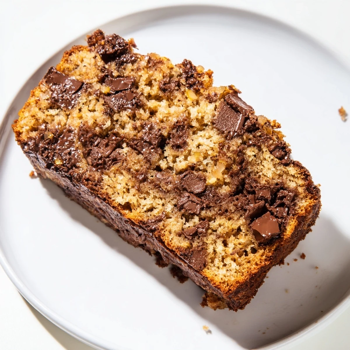Freshly baked chocolate chip banana bread cooling on a wire rack with golden crust and chocolate chip garnish