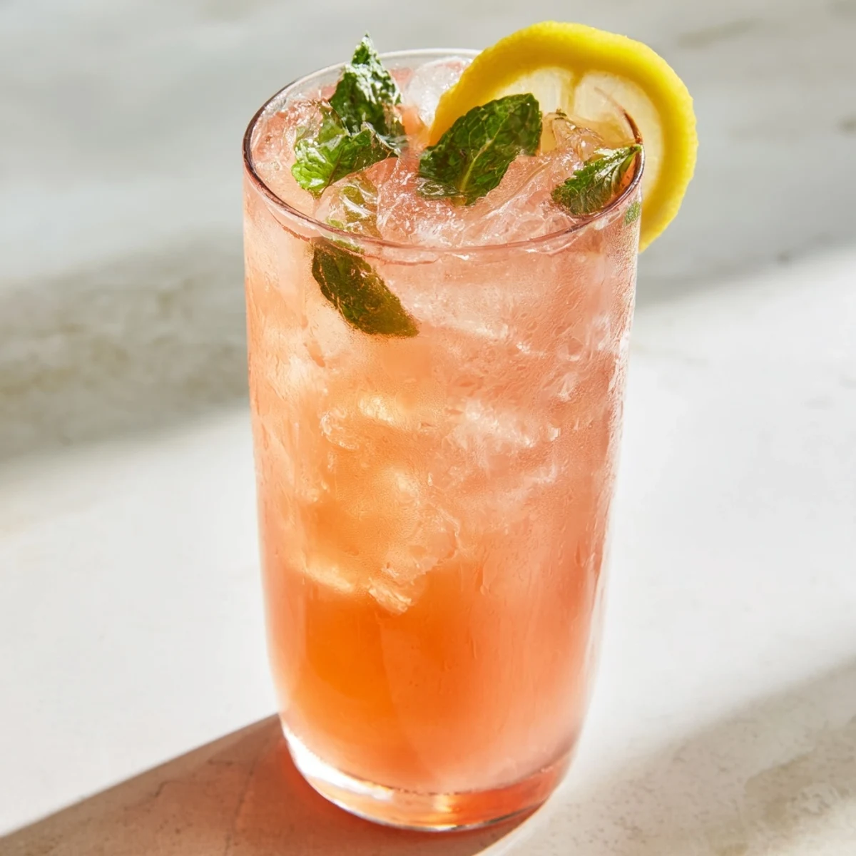 Chilled glass of pink guava white tea lemonade garnished with fresh lemon slices and mint sprigs on ice