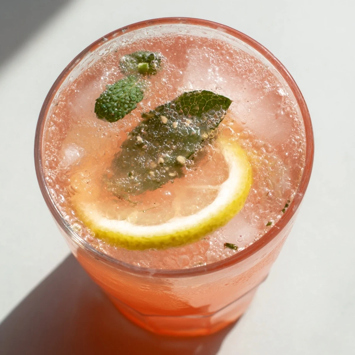 Tropical guava white tea lemonade pitcher poured over ice with floating citrus slices and mint leaves