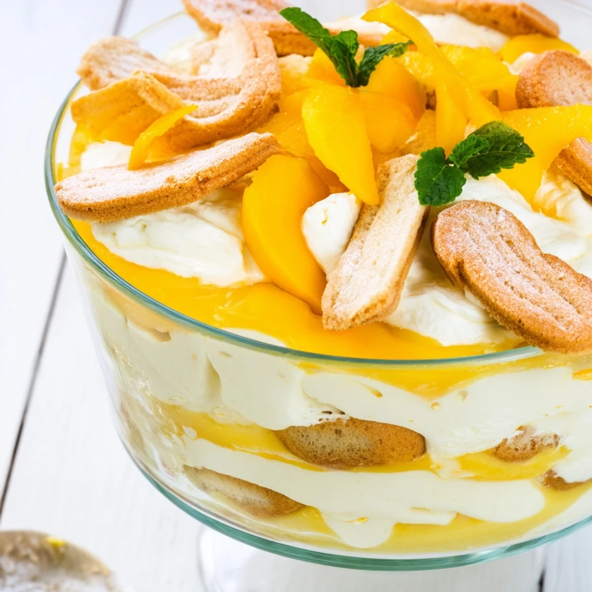 Golden mango tiramisu layered with creamy mascarpone and fresh mint garnish in a glass serving dish
