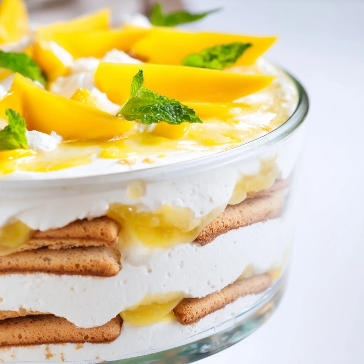 Tropical mango tiramisu featuring bright mango puree between coffee-soaked ladyfingers and whipped cream