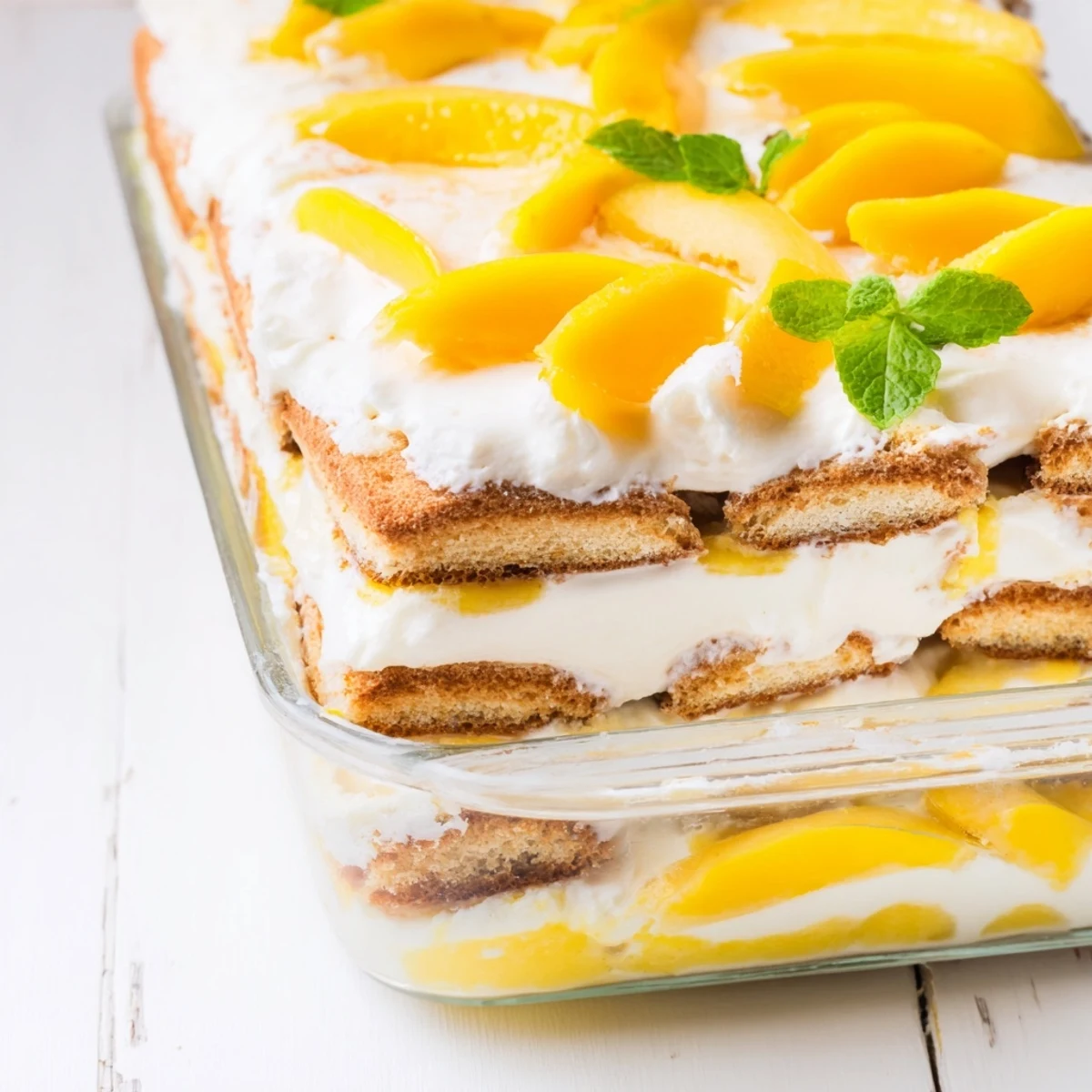 Creamy mango tiramisu dessert topped with sliced fresh mango and mint leaves on a white plate