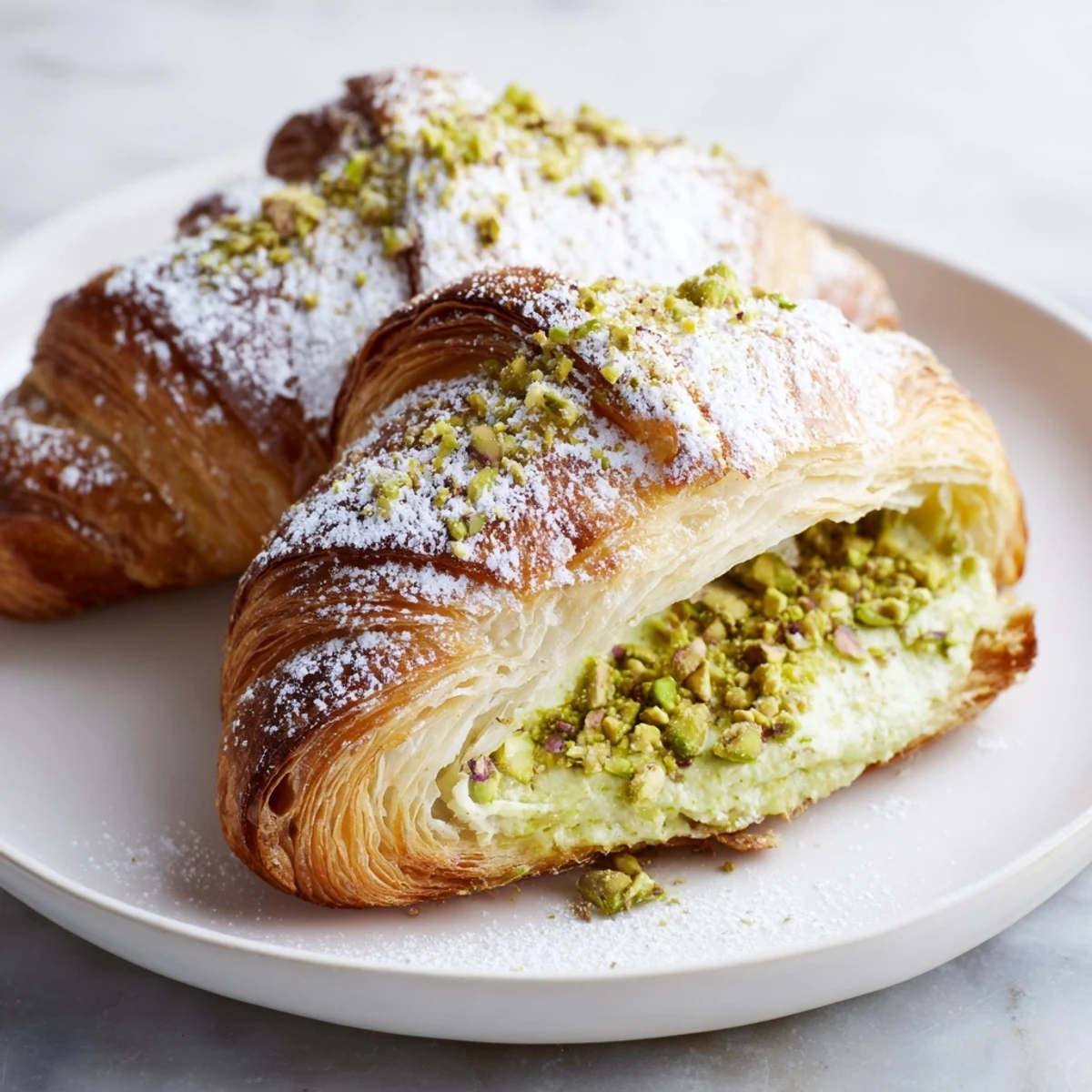 Golden pistachio croissants filled with creamy nut paste and topped with chopped pistachios