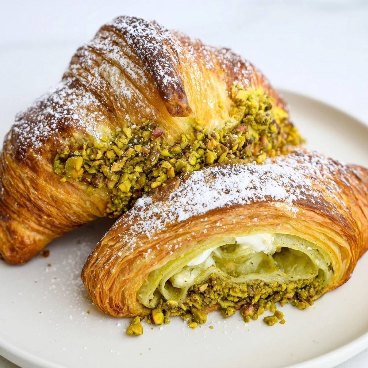 Flaky buttery croissants baked with luscious green pistachio cream and powdered sugar dusting