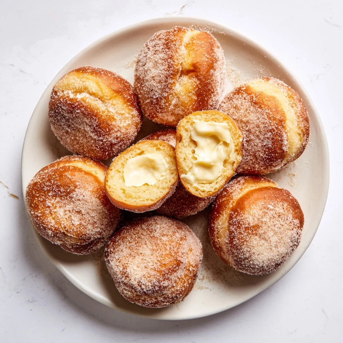Golden brown Italian bomboloni cream donuts generously filled with smooth vanilla pastry cream and dusted with white sugar