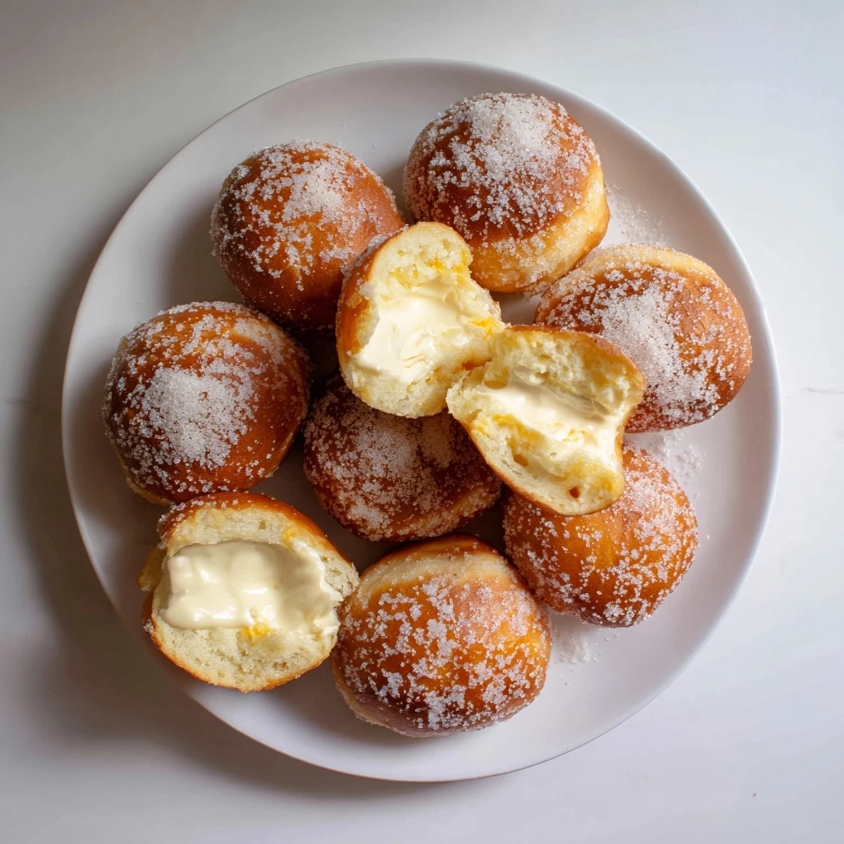 Soft pillowy bomboloni cream donuts oozing rich vanilla custard on a white plate with powdered sugar coating
