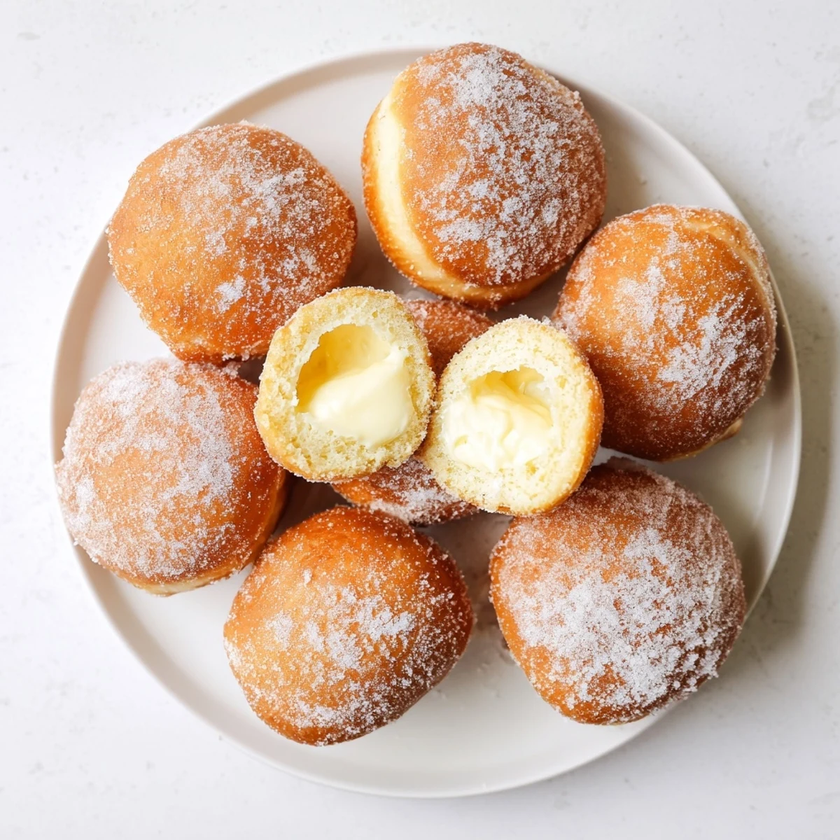 Freshly fried bomboloni cream donuts piled high with sugar coating, filled with luscious vanilla pastry cream