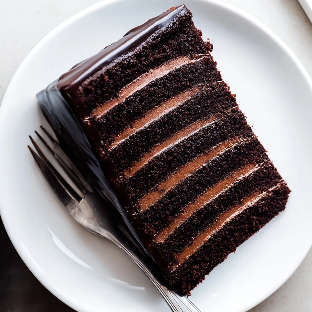 Glossy dark chocolate mousse cake with velvety layers and dripping chocolate glaze on a white serving plate