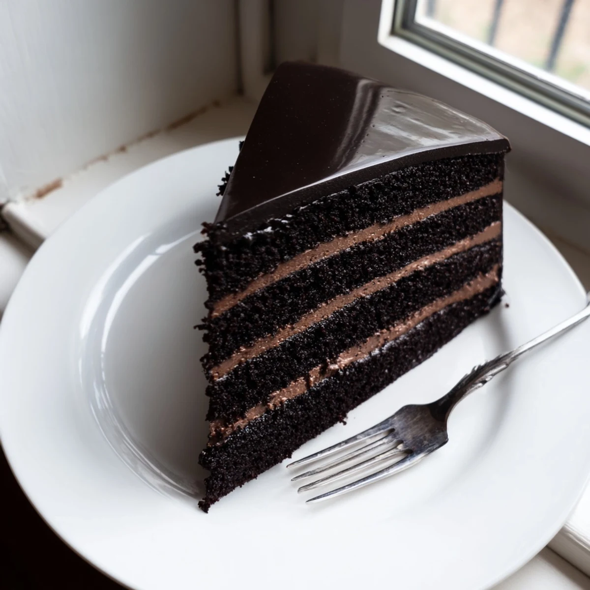 Decadent dark chocolate mousse cake featuring smooth mousse topping a moist chocolate sponge with a shiny finish