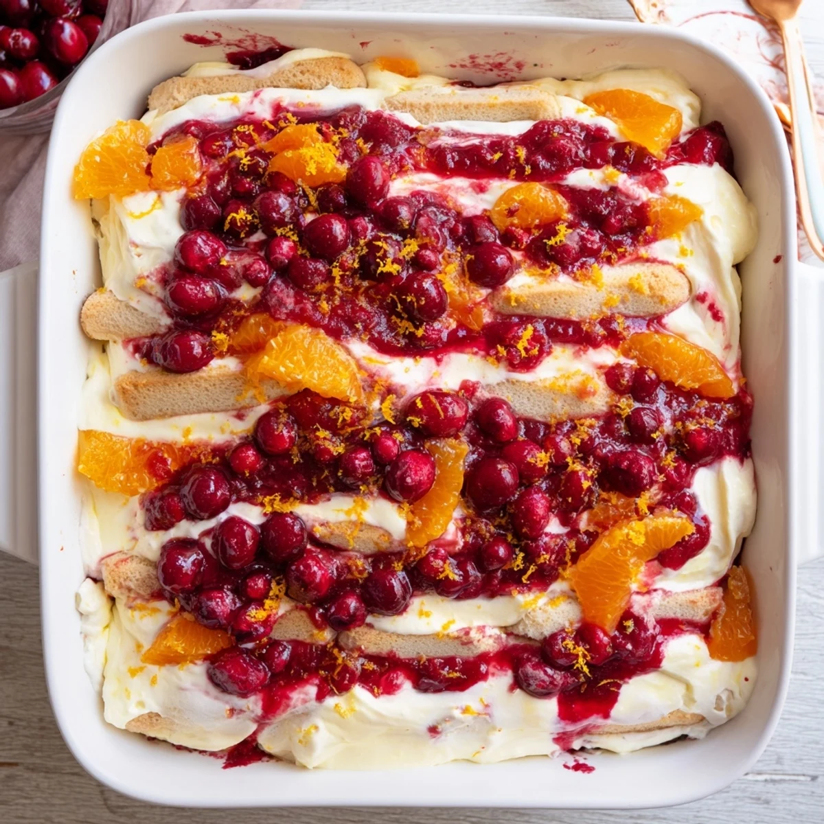 Layered cranberry and orange tiramisu with creamy mascarpone and bright red compote