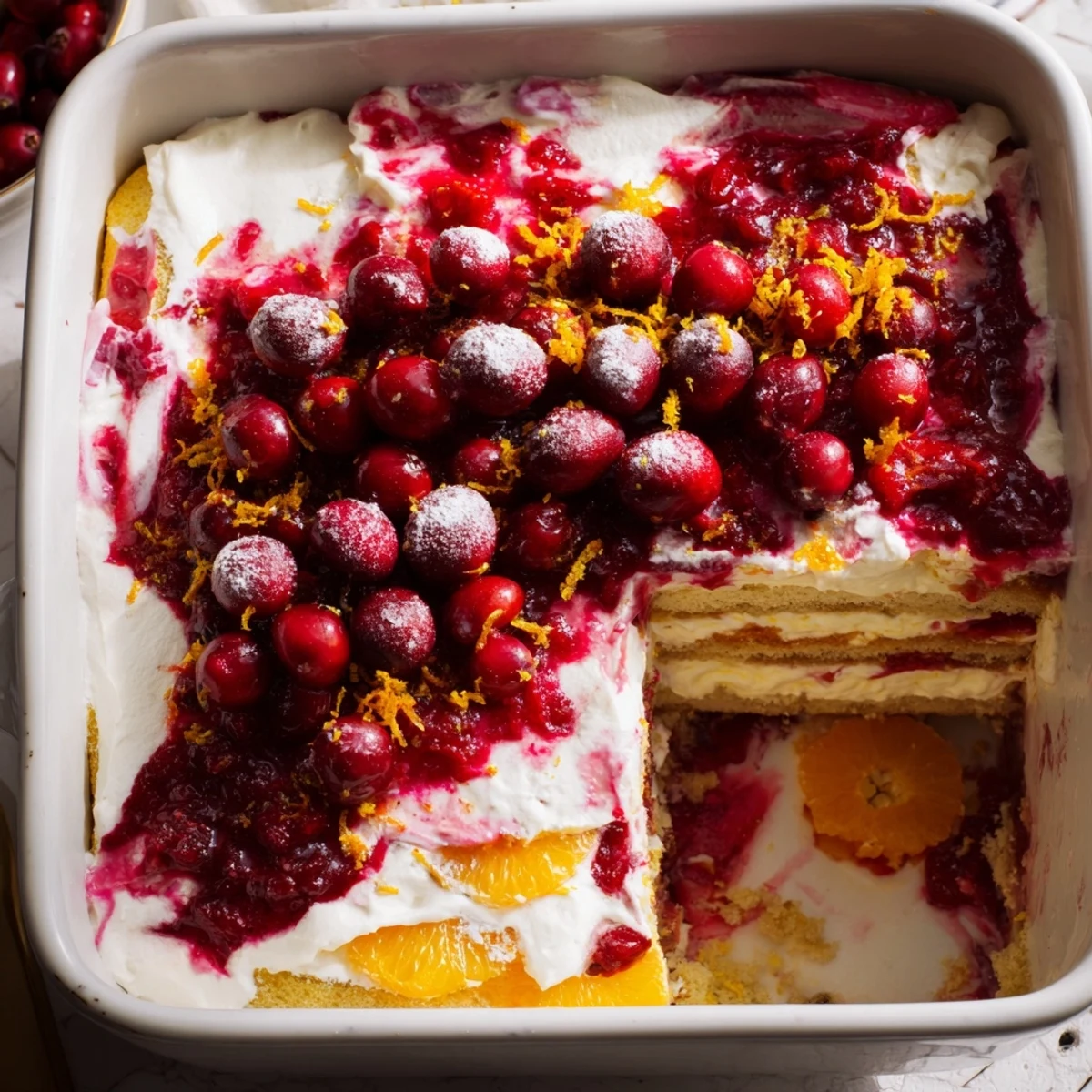 Creamy Italian dessert with tart cranberries and orange zest garnished with fresh berries