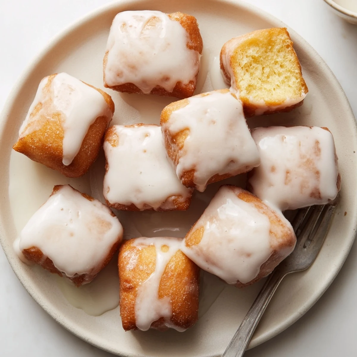 Warm buttermilk beignet squares coated in creamy white glaze ready for breakfast