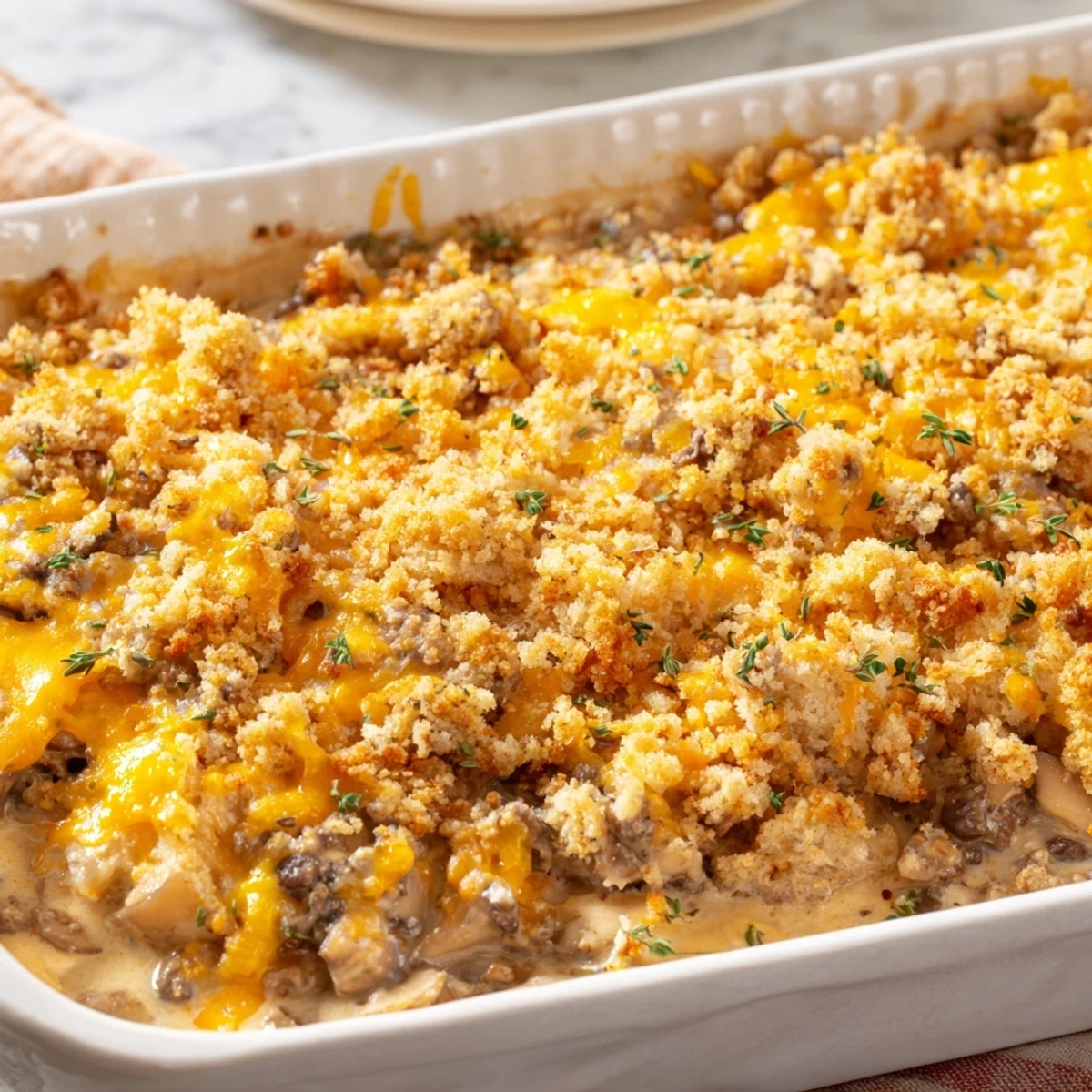 Golden cheesy hamburger mushroom bake with buttery crumb topping fresh from oven