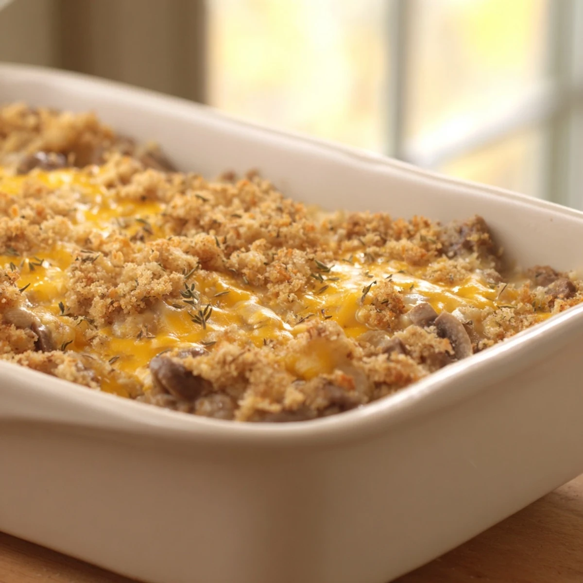 Hearty casserole dish featuring ground beef mushrooms and melted cheddar cheese topping