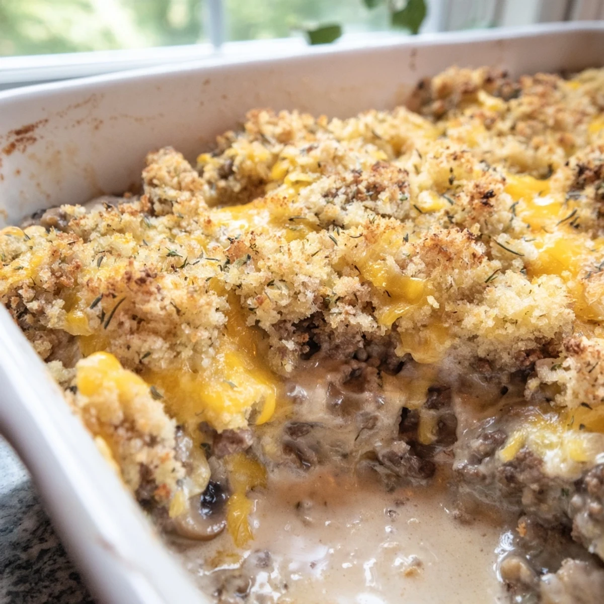 Creamy hamburger mushroom bake served piping hot with golden breadcrumb crust