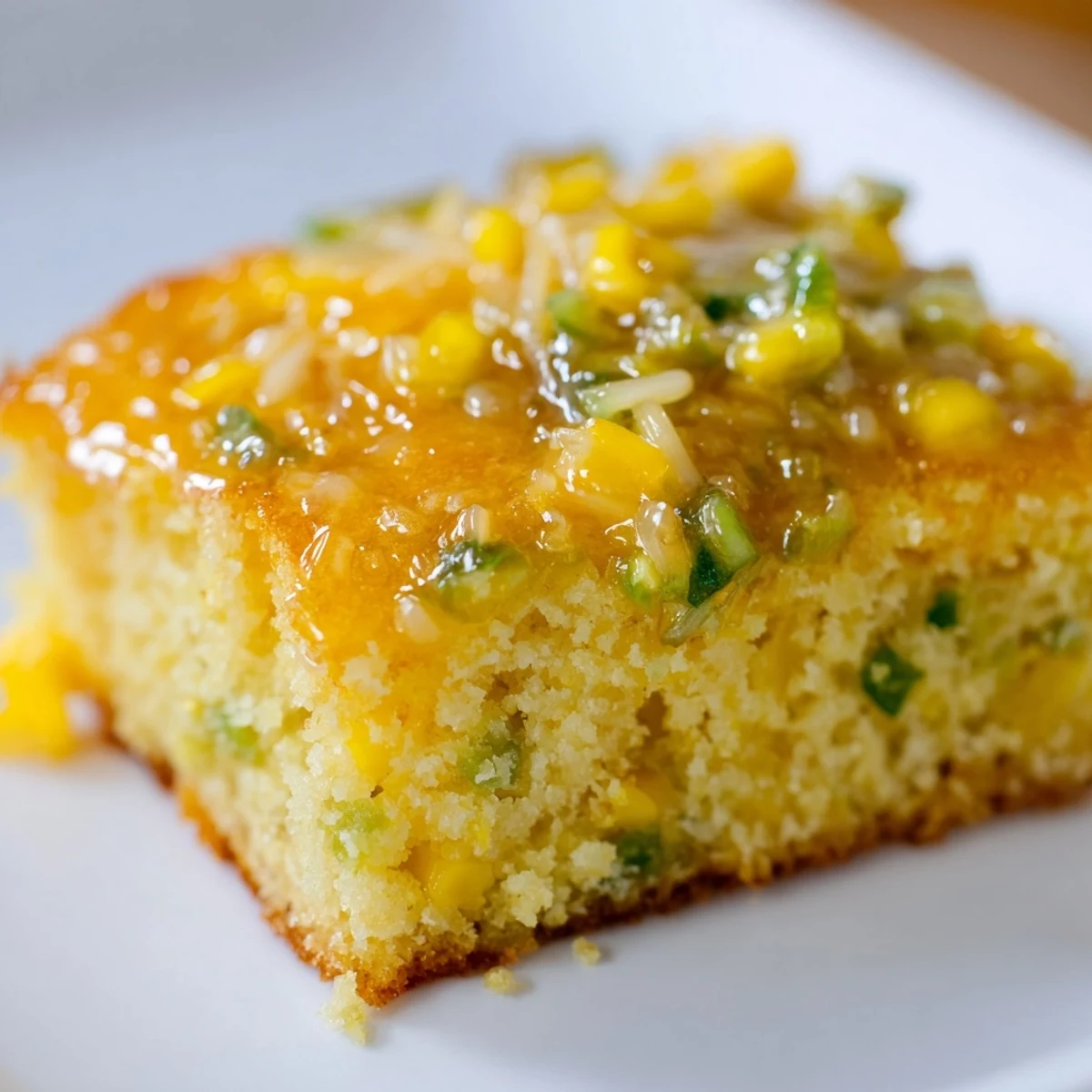Golden spicy jalapeño cornbread drizzled with sweet lime honey glaze on a white serving plate