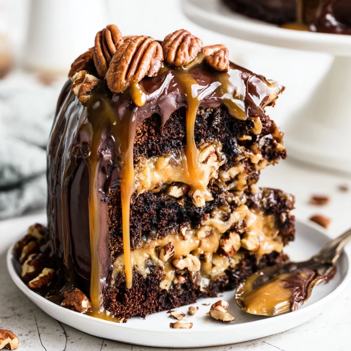 Rich chocolate turtle cake drizzled with caramel and topped with toasted pecan halves
