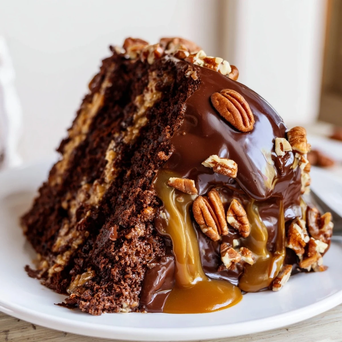 Decadent layered chocolate turtle cake with gooey caramel filling and glossy chocolate ganache