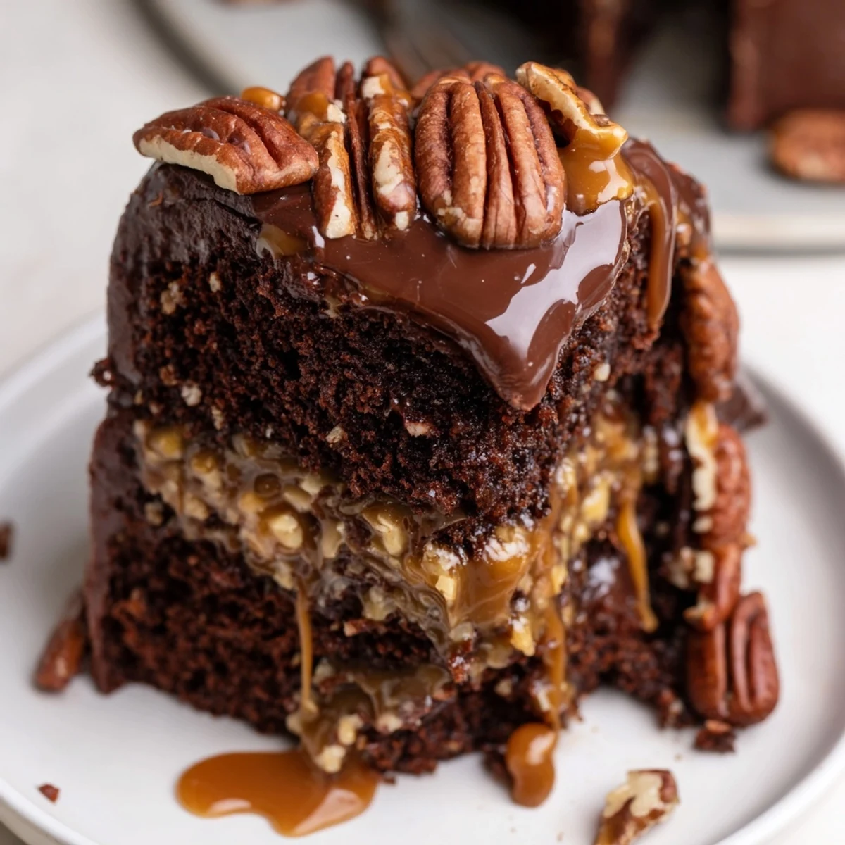 Slice of chocolate turtle cake showcasing caramel layers, crunchy pecans, and fudgy ganache