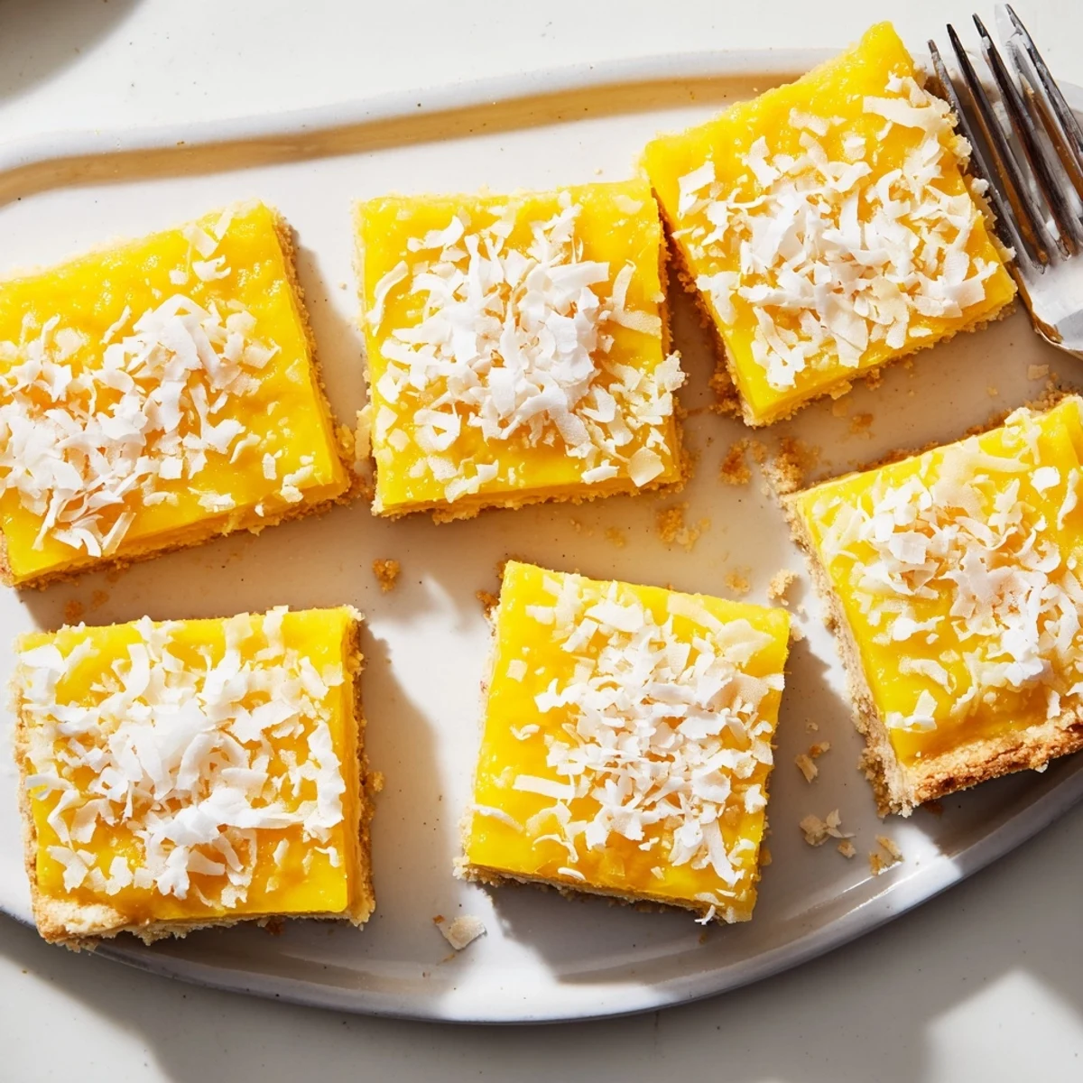 Golden mango coconut bars with shredded coconut topping on a shortbread crust