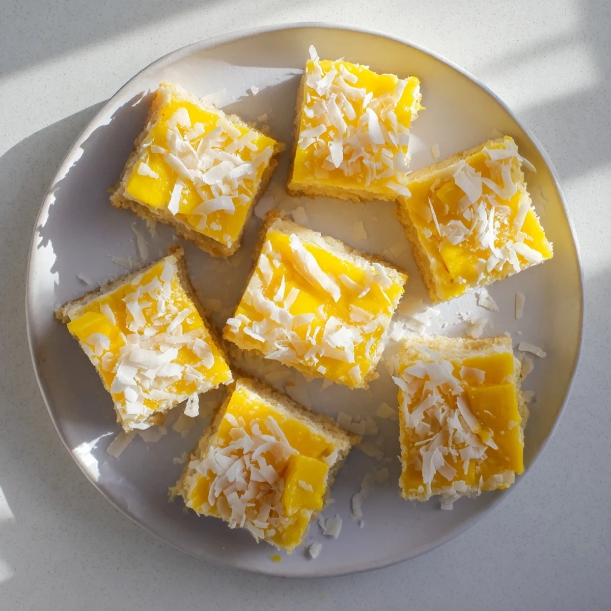 Tropical mango coconut bars sliced into squares with vibrant yellow filling