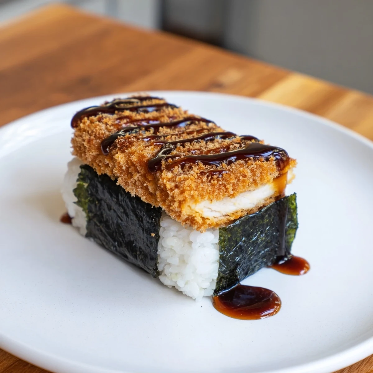 Golden brown crispy chicken katsu musubi wrapped in nori with seasoned white rice