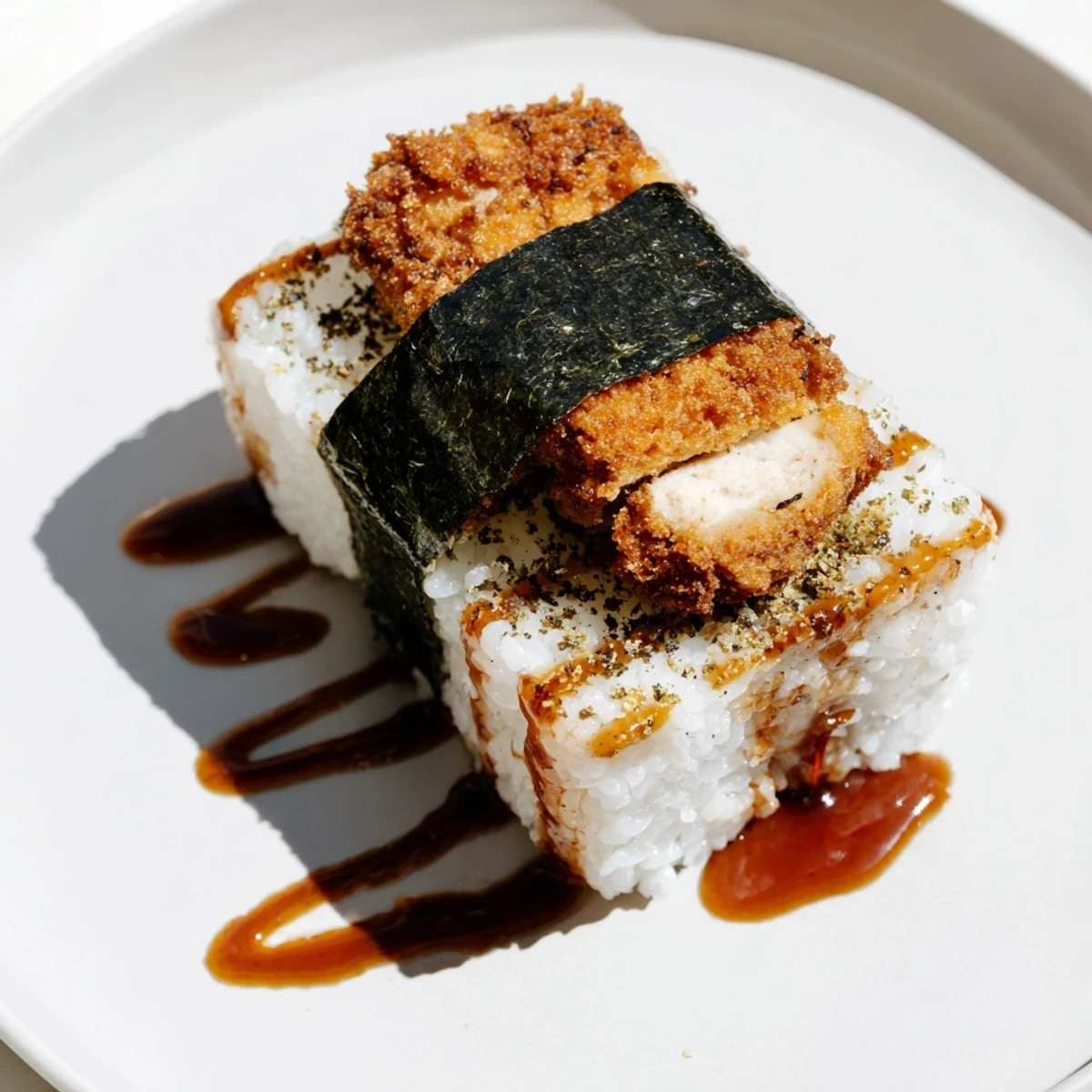 Savory Hawaiian-Japanese fusion chicken katsu musubi drizzled with sweet tangy sauce