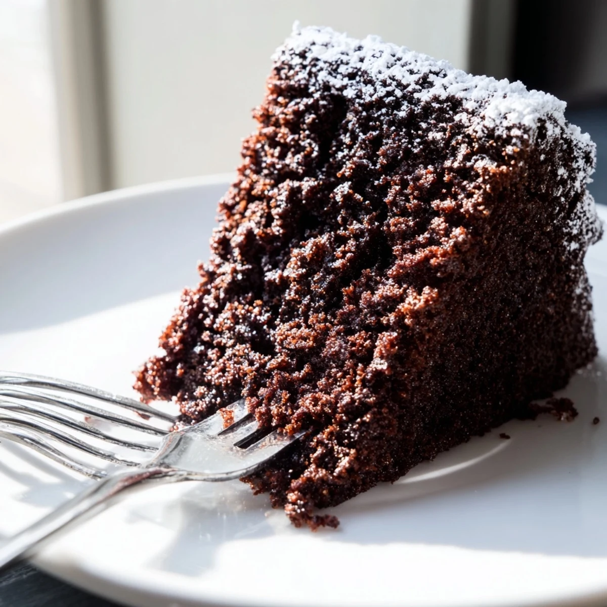 Moist Guinness chocolate cake slice dusted with powdered sugar on a white plate