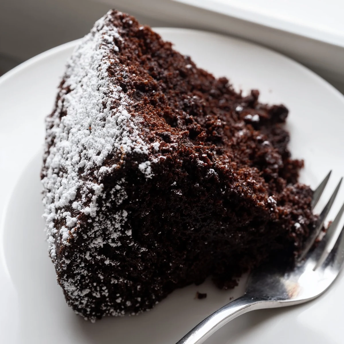 Decadent chocolate stout cake baked in air fryer with powdered sugar topping