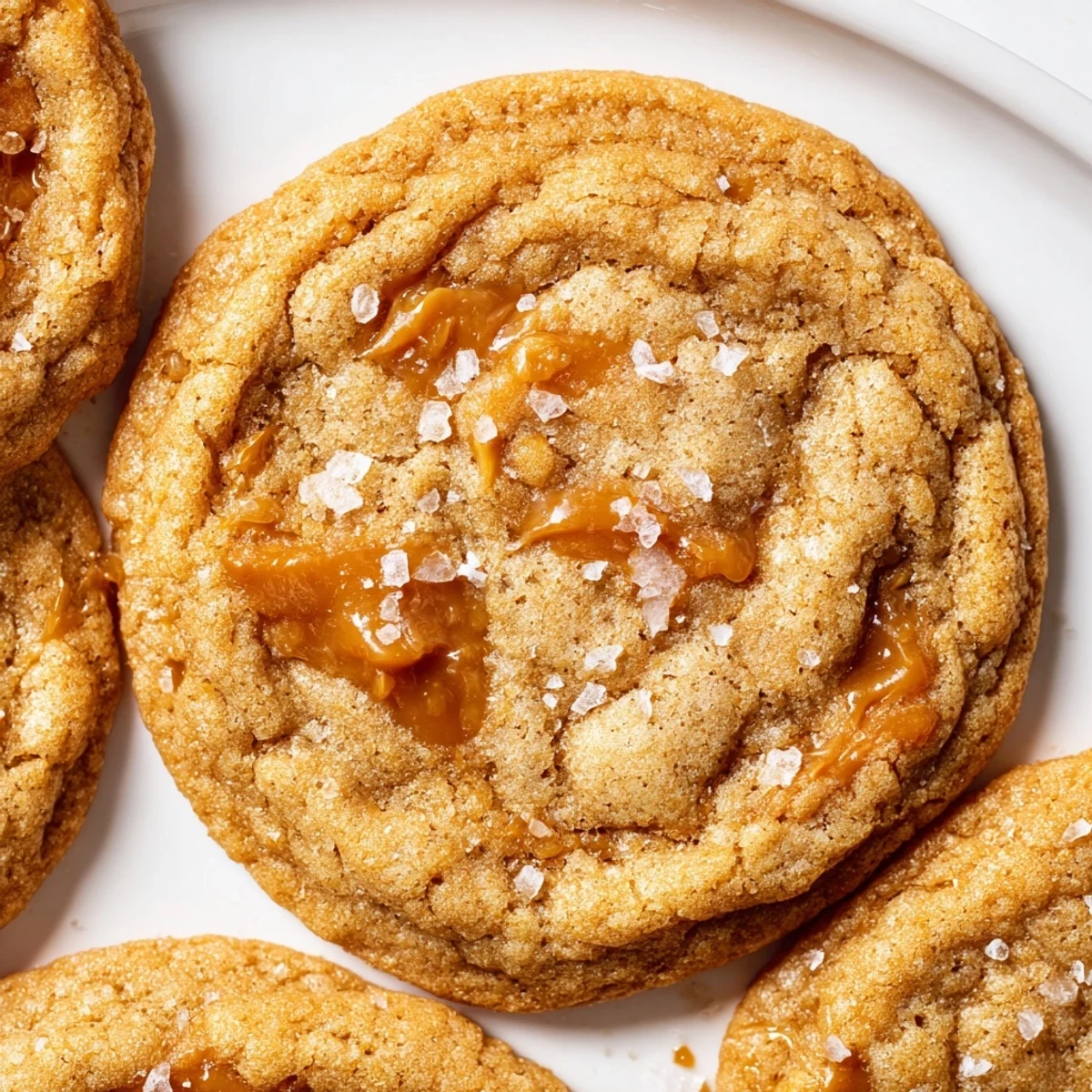 Golden sea salt caramel cookies with melted caramel bits and sparkling salt crystals on top