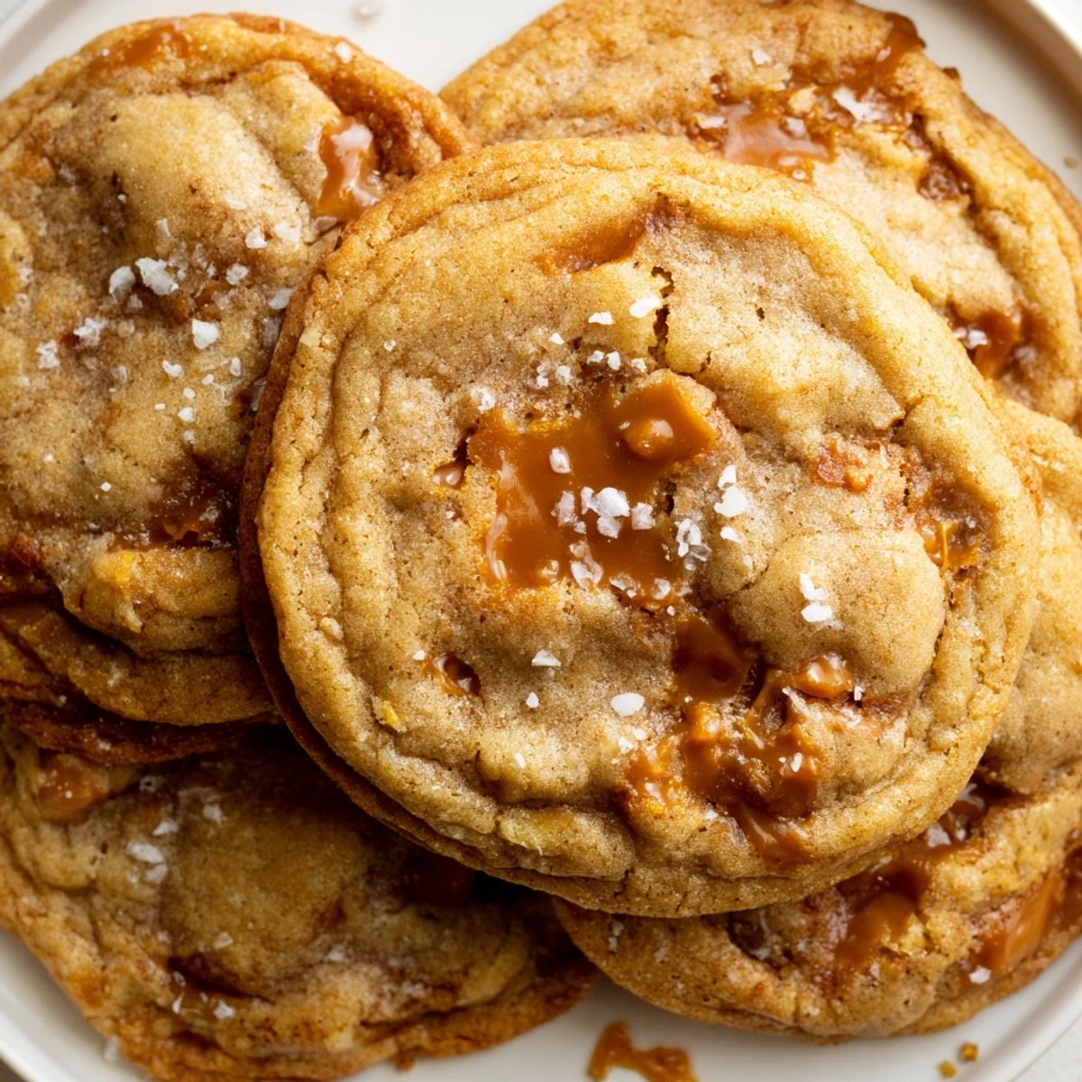 Chewy homemade sea salt caramel cookies fresh from the oven with gooey caramel centers