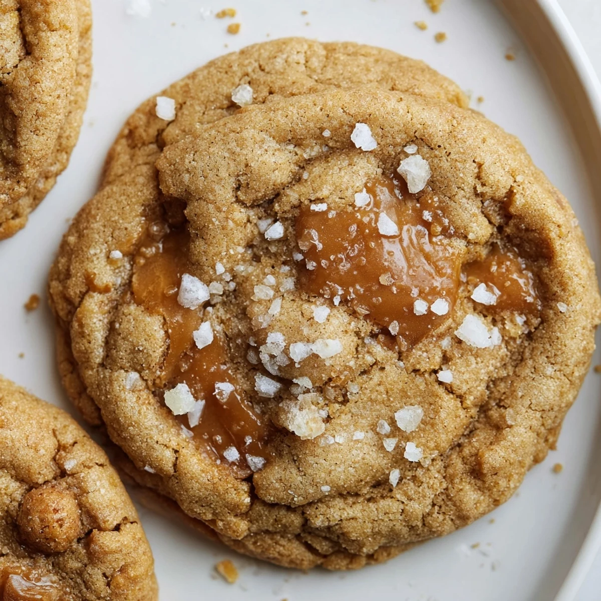 Stack of buttery sea salt caramel cookies topped with flaky salt on a wooden board