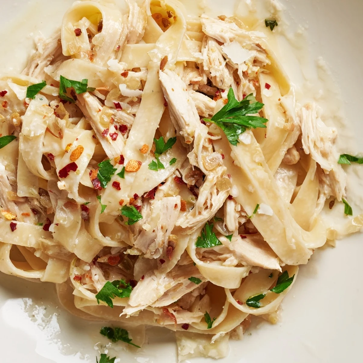 Creamy Crock Pot chicken Alfredo pasta topped with fresh parsley and shredded chicken