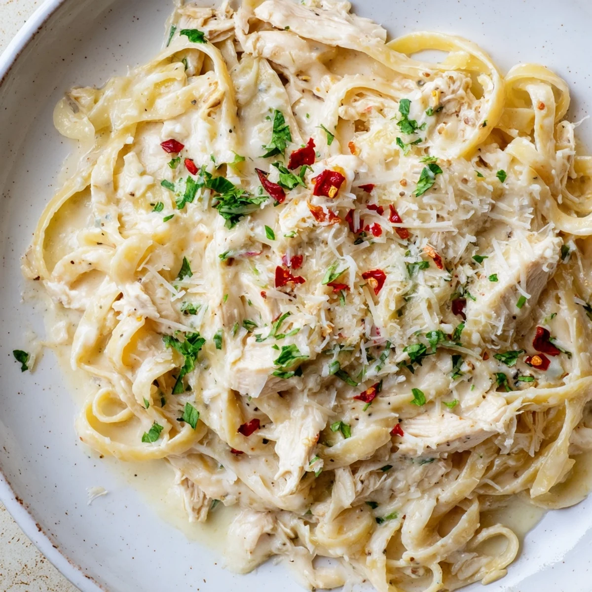 Slow cooker chicken Alfredo dish with tender fettuccine noodles coated in rich white sauce