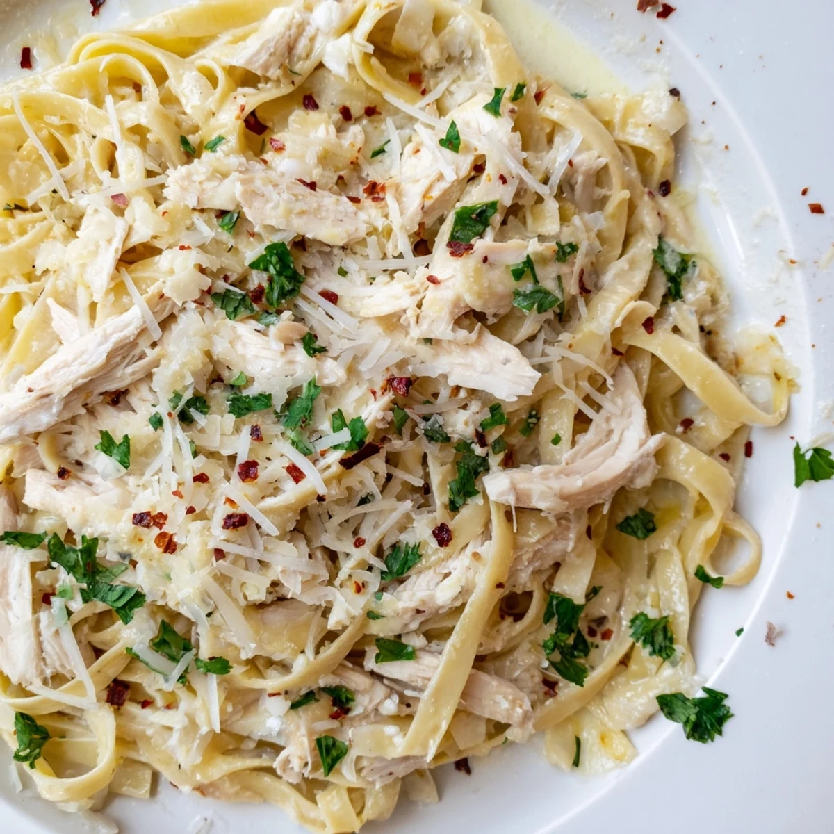 Homemade chicken Alfredo recipe featuring shredded chicken breast over parmesan cream fettuccine pasta