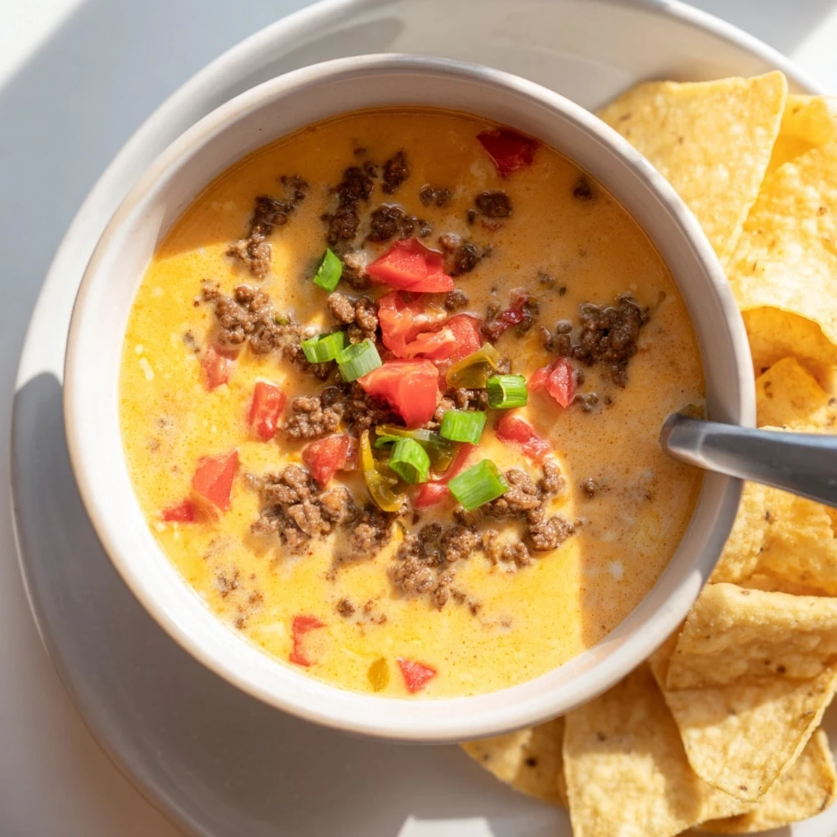 Golden melted cheese dip with seasoned beef and spicy Rotel tomatoes served in a warm bowl