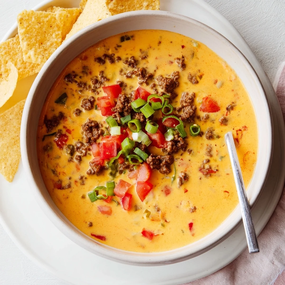Creamy Rotel dip featuring ground beef and tangy sour cream bubbling in a cast iron skillet