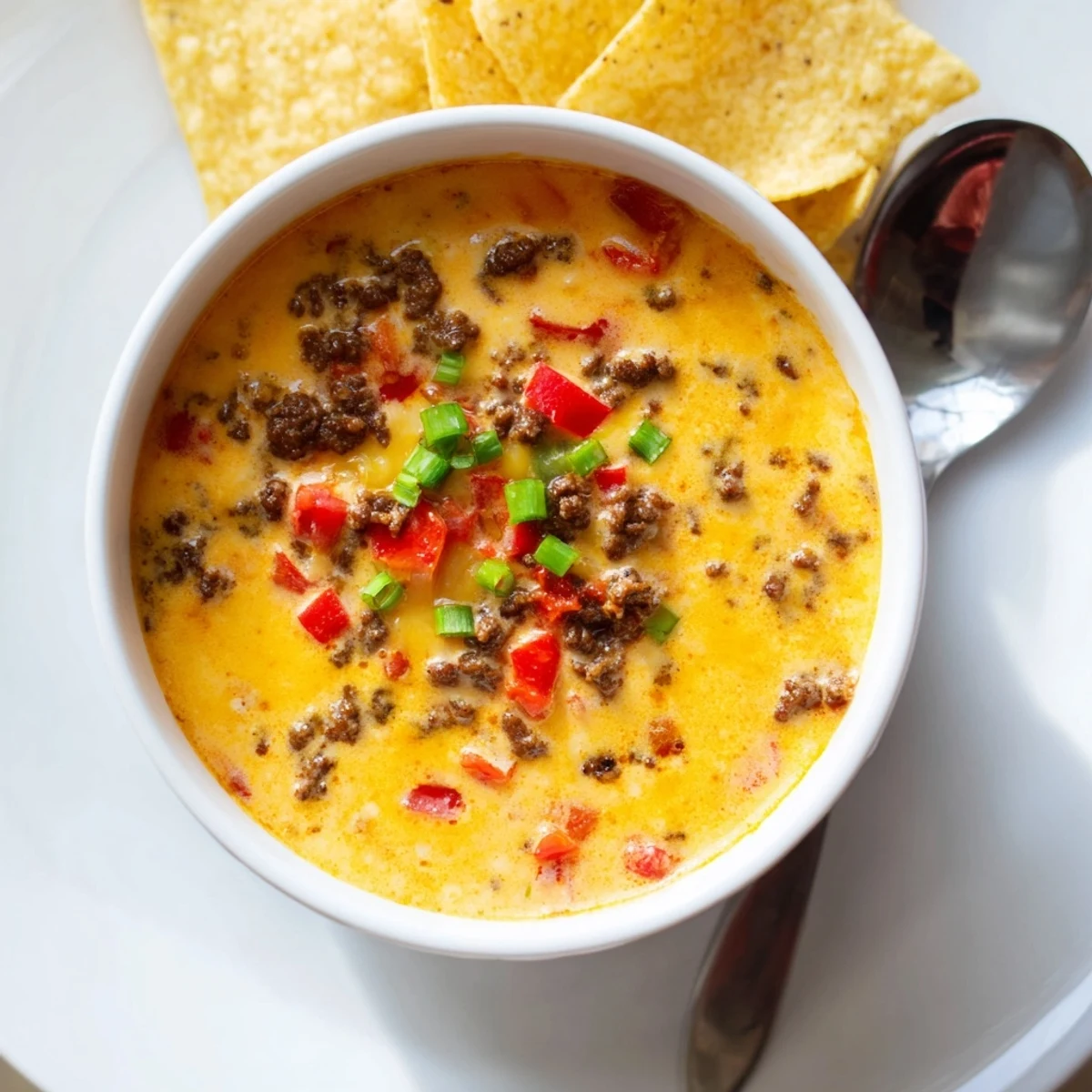 Steaming beef and cheese Rotel dip topped with green onions, perfect for dipping tortilla chips