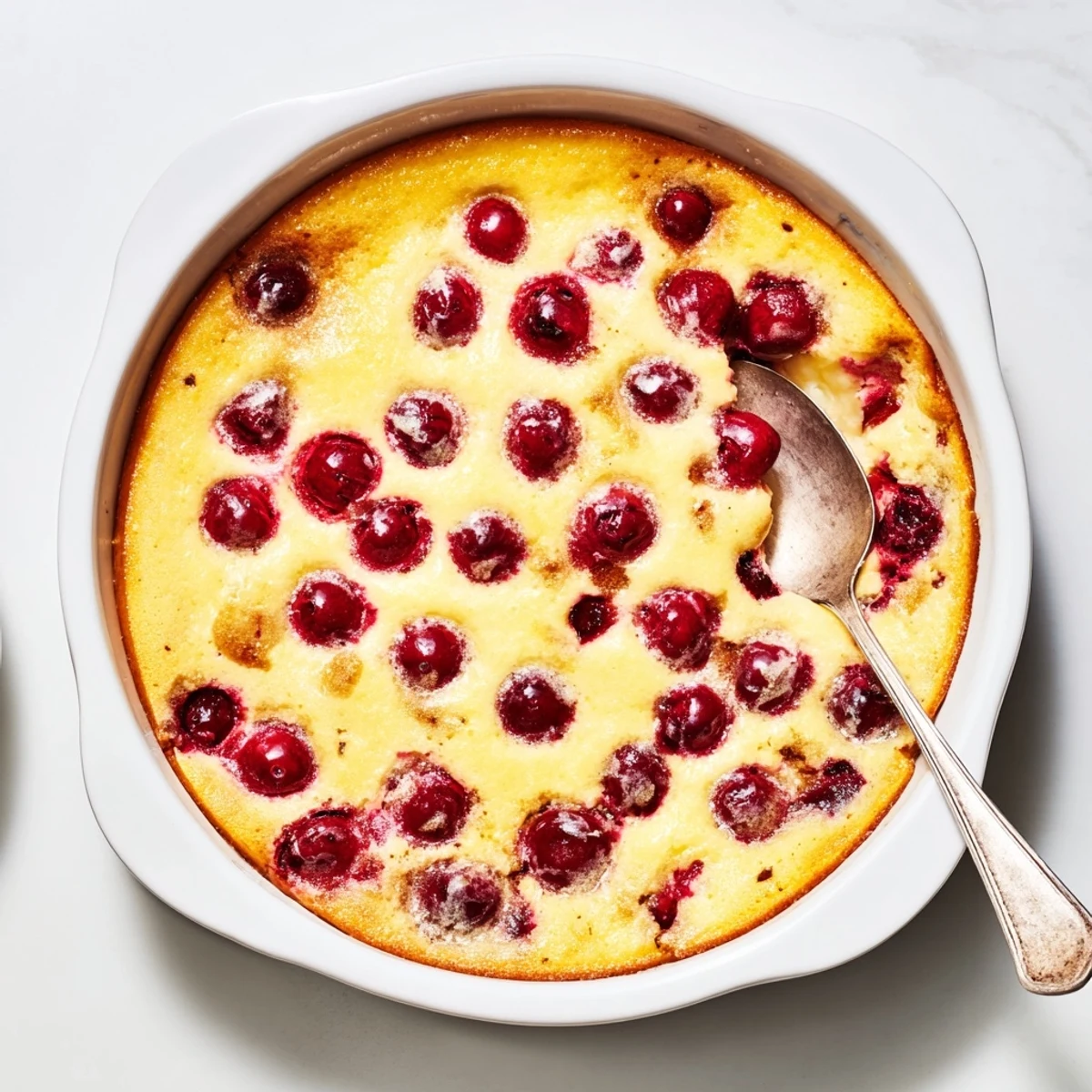 Golden baked cherry custard featuring juicy red cherries nestled in a creamy vanilla egg custard