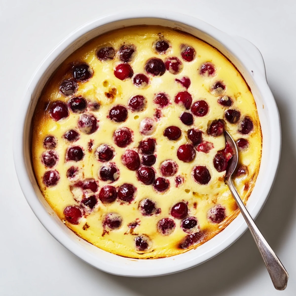 Creamy cherry custard dessert with fresh fruit baked until golden and lightly set