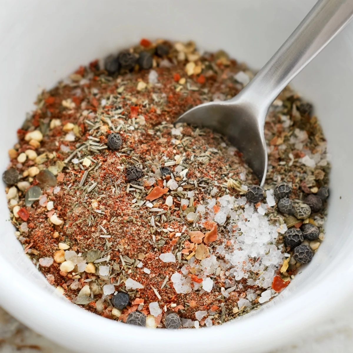 A rustic wooden bowl filled with homemade Copycat Montreal Steak Seasoning blend featuring specks of black pepper, red paprika, and aromatic herbs