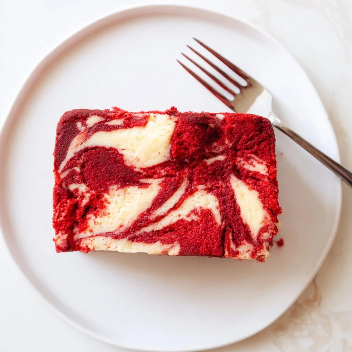 Moist red velvet cheesecake swirl cake with creamy marbled frosting on a white plate