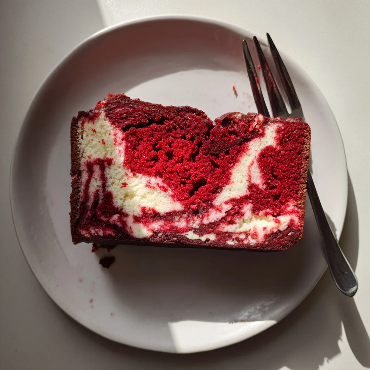 Sliced red velvet cheesecake swirl cake showing beautiful marbled layers inside each piece